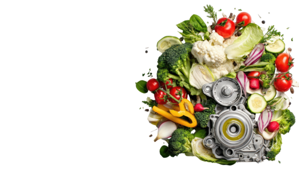 Healthy food and mechanical parts combined in a vibrant arrangement