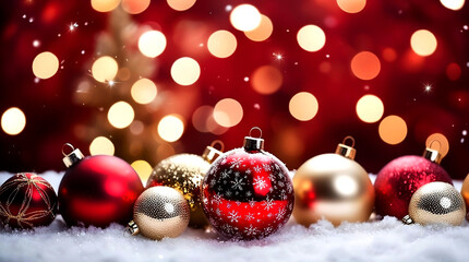 Festive Christmas Ornaments on Snow with Bokeh Lights Background (1)