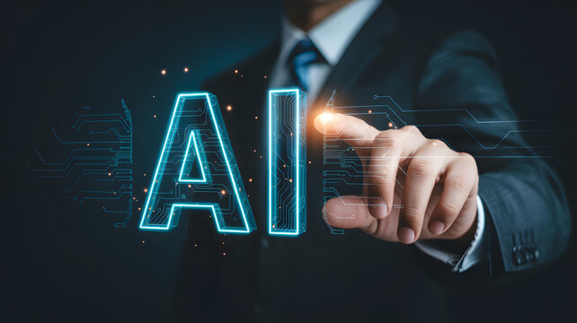 Sophisticated business professional activating innovative AI technology with a touch, symbolizing futuristic progress and cutting edge solutions for business growth