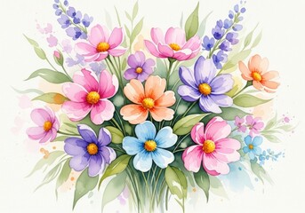 Vibrant watercolor bouquet of assorted spring flowers