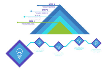 Infographic set outlining step-by-step process for designing infographics. It visually representing progress from one step to another, indicating key actions at each stage