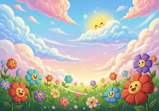 Whimsical cartoon flowers bloom under a smiling sun and pastel sky