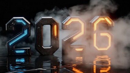 Glowing blue and orange metallic numerals 2026 stand on a wet reflective surface surrounded by smoke against a black background - Powered by Adobe