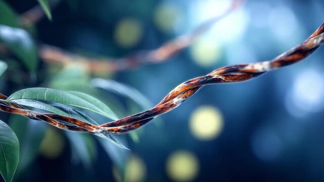 Nature's Embrace: a close-up shot of a twisting vine, with its textured bark, is intertwined with vibrant green leaves, showcasing the intricate details of botanical beauty. 