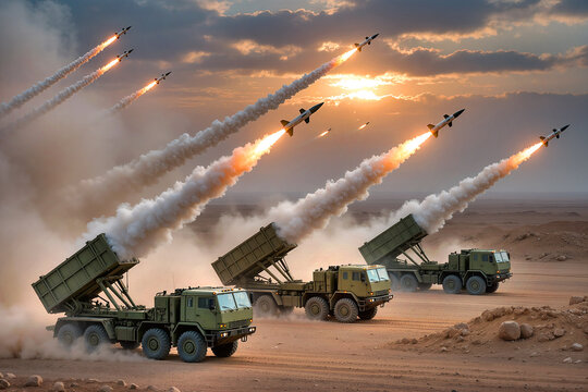 Military missile trucks laucher  firing missiles into the sky in dessert war