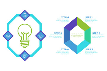 Infographic presenting step-by-step guide using visual elements like light bulbs and geometric shapes. It illustrating structured approach to project or idea development