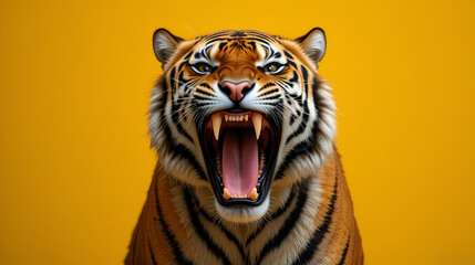 Fototapeta premium A very aggressive tiger with its eyes and mouth wide open on a yellow background