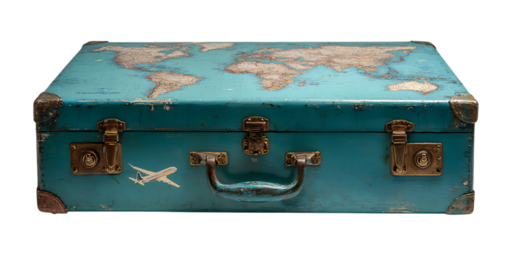 Vintage suitcase with world map design.