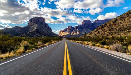 Naklejka premium Asphalt road framed by desert landscape, mountains, and bright clouds
