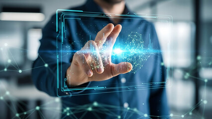 Man hand touching virtual screen to create digital values, modern technology interface gesture concept for innovation, data, and futuristic interaction