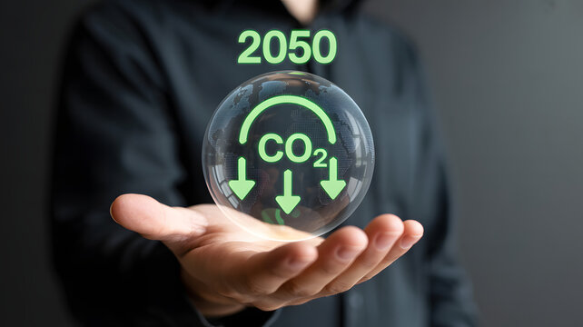 Commitment to a greener future by 2050, showing CO2 reduction on a transparent globe held in hand, symbolizing environmental responsibility and sustainability efforts