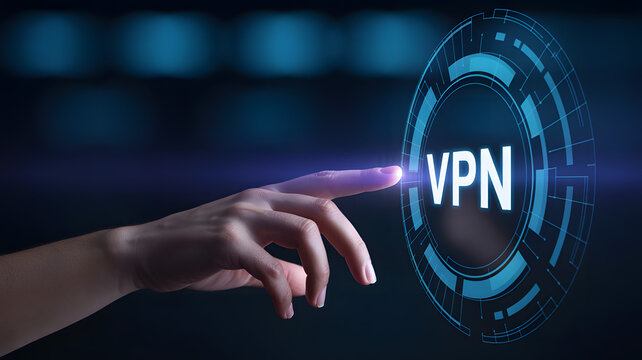 Finger activating a virtual private network glowing button, safeguarding data with technology, modern security solutions, data privacy concept