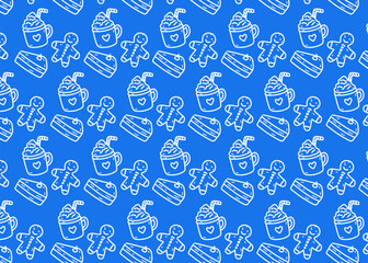 Seamless dessert pattern hand-drawn illustrations of gingerbread cookies, whipped-cream hot drinks, and cake slices. The doodle line art style creates a festive look, holiday, blue background