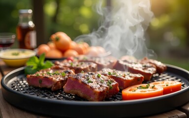 Summer BBQ Gathering: Delicious Grilled Meat and Festive Atmosphere. High quality