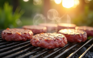 Grilling burgers on barbecue in sunny backyard creates joyful summer atmosphere. sizzling patties release delicious aromas, perfect for family gathering. High quality