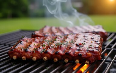 Summer BBQ, Delicious Grilled Ribs at a Backyard Gathering. High quality