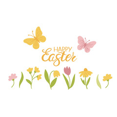 Happy Easter banner, poster, and greeting card. This card features bunnies, flowers, eggs, and bunny ears in pastel colors. Modern, minimalist style.