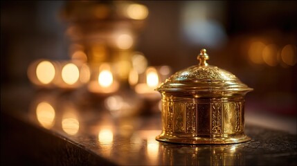 pyx. Golden pyx on church altar illuminated by warm candlelight, shallow depth of field. event programs, museum guides, designed for cultural heritage projects and event programs.