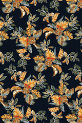 A solid vector textile design, arrangement with a medium monochrome abstract leaves motif, all-over seamless pattern with orange and gray tone color illustration, digital image printing factory