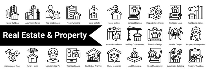 Real Estate & Property  icon sheet and collection containing: house building, apartment tower, real estate agent, property listing, house for sale, house for rent, contract signing, property investmen