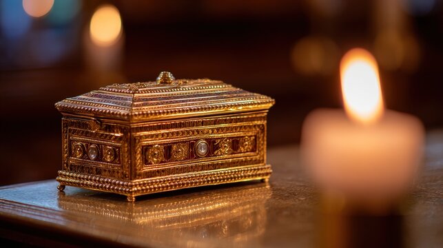 pyx. Golden pyx on church altar illuminated by warm candlelight, shallow depth of field. event programs, museum guides, designed for cultural heritage projects and event programs.