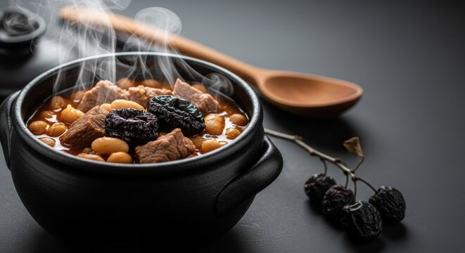 Hearty Bosnian Pasulj &ndash; White Bean Stew with Beef & Smoked Plum in Black Clay Pot, Smoked Plum Branch & Wooden Spoon Background, Moody Winter Light