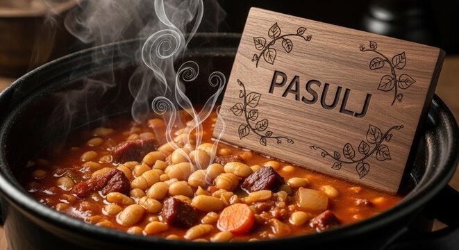 Pasulj &ndash; Hearty Bean Stew with Walnut Wood Sign, Bean Vine & Plum Smoke Motifs, Soulful Regional Lighting