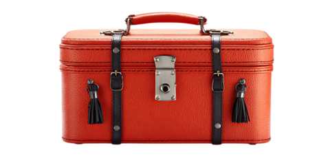 Vintage red cosmetic case with black straps.