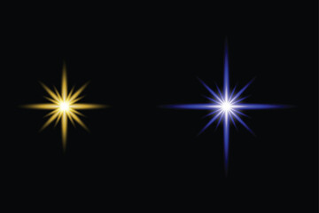 Fototapeta premium Two bright starbursts, one yellow and one blue, shining against a black background, representing light, energy, and cosmic phenomena