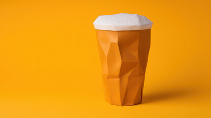 A geometric, orange cup resembling a beer glass topped with foam, set against a contrasting yellow background.