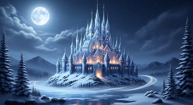 Enchanting Ice Castle Under a Full Moon in a Winter Wonderland. - Powered by Adobe
