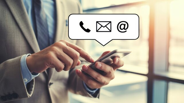 Contact Icons & Communication: A professional uses their phone to connect. with contact icons representing phone, email, and messaging. It embodies instant and seamless connectivity in the modern era. - Powered by Adobe