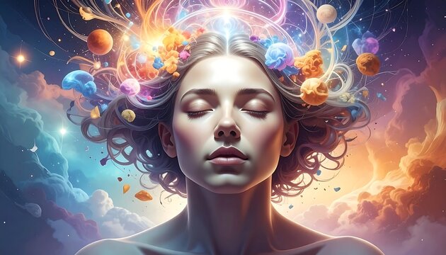 A serene figure with closed eyes floats in ethereal clouds, vibrant colors exploding above their head