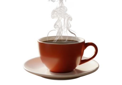 Hot coffee cup with steam isolated on transparent background for breakfast and cafe use