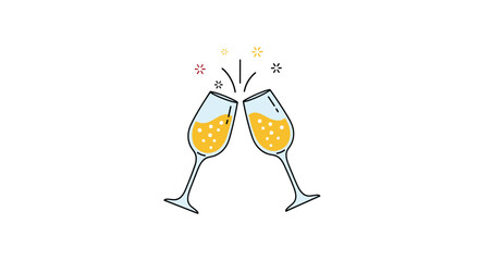 Two champagne glasses clinking together with celebratory bubbles and confetti floating above.