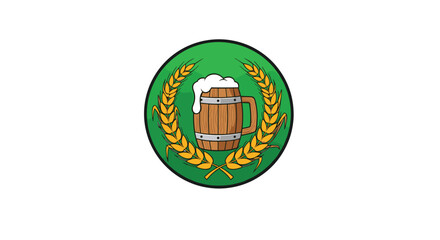 Green circle logo with a wooden beer mug and golden wheat stalks around it.