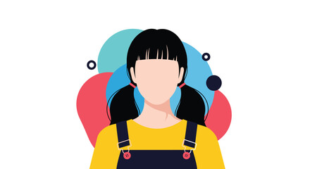 A young girl with black pigtails and a yellow top wears dark overalls in front of colorful abstract shapes.