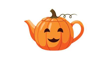A cute cartoon pumpkin shaped teapot with a happy face.