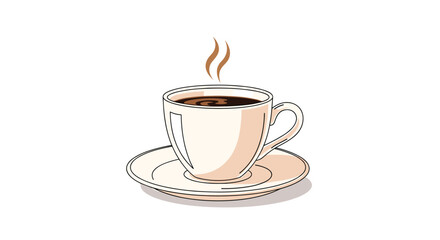 A steaming cup of coffee on a saucer with aromatic steam rising.