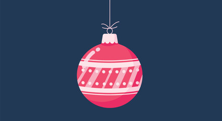 A festive red and white patterned Christmas ornament hangs against a deep blue background.