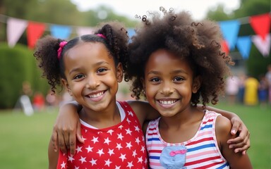 Charming African American girls smiling at July Fourth backyard party, red and blue decorations, patriotic theme, summer holiday celebration. High quality