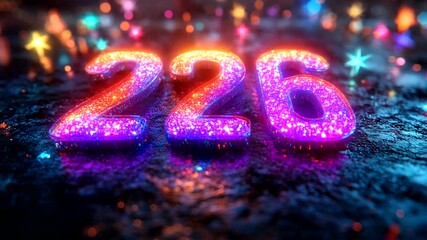 Vibrant glowing numbers 226 on a sparkling surface