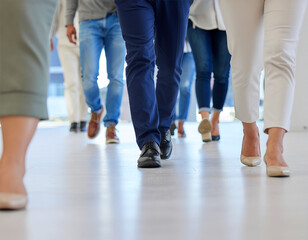 Business professionals walking through modern office corridor in formal attire