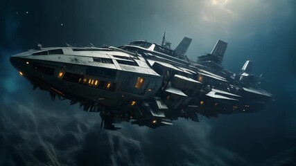 Massive battle damaged starship drifting silently in deep space - Powered by Adobe