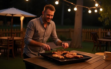 Nighttime Backyard BBQ: Grilled Delights Under String Lights. High quality