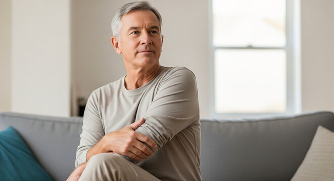 Handsome mature man with grey hair sitting on a sofa at home, looking away with a pensive and thoughtful expression