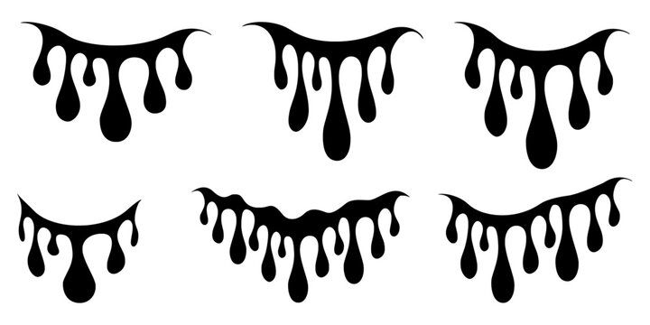 Set of black dripping liquid silhouettes with organic blob shapes, vector drip borders and ink drops in varied shapes element.
