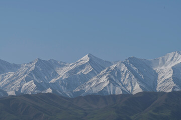 Snow covered mountains and large system of mountain ranges in Central Asia