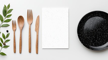 A flat lay composition featuring wooden cutlery, a white card, and a black speckled plate, accented by green leaves, set against a clean white background.