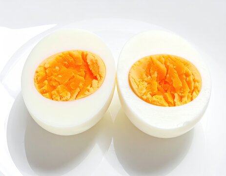 Halved boiled egg, vivid yolk, white plate, bright light